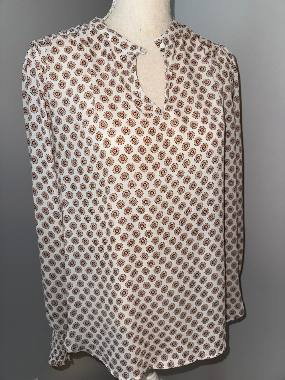 LOFT Cream Blouse with Multicolor Medallion Print